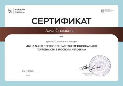 «Психолог негізі: ересек адамның базалық эмоционалдық қажеттіліктері» вебинары — Сыдыкова Алуа Мирхатовна